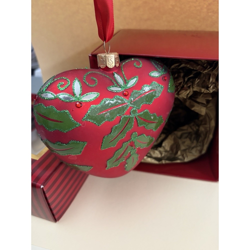 Waterford Victorian Jewel Red Holly Jolly Heart Glass Christmas Ornament 4.5" - Picture 4 of 5
